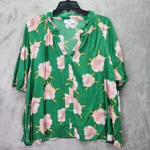 CeCe Blouse Womens Plus 2X Green Peony Blooms V-Neck Puff Sleeve Top Career Work